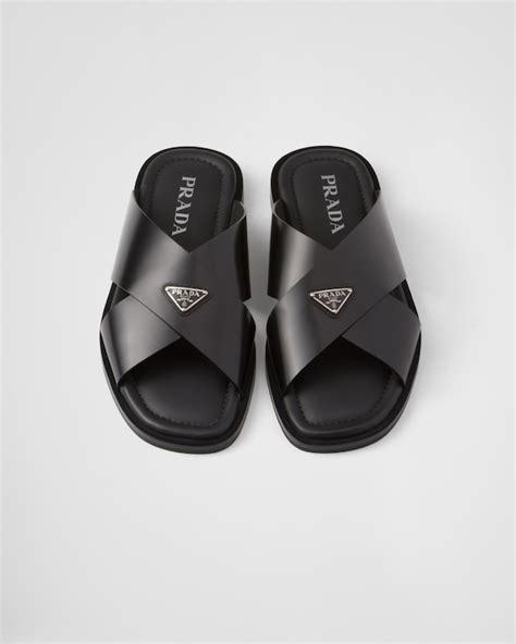 prada criss cross slides|Black Brushed Leather Crisscross Slides .